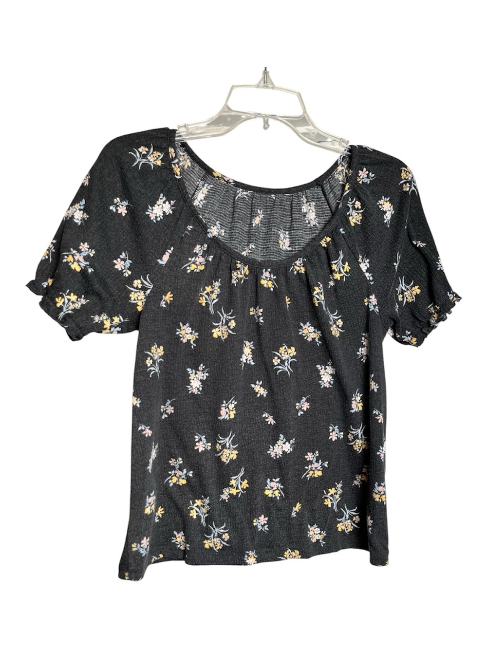 Black Floral Scoop-Neck Puff Sleeve Blouse
